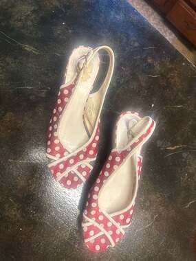 Madeline Stuart Gwendolyn Red and White Polka Dot Peep Toe Wedge Sandals